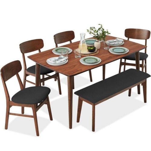 6-Piece Mid-Century Modern Upholstered Wooden Dining Set w/ 4 Chairs, Bench - Corner Dented - Lot 21