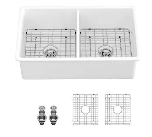 LORDEAR 32 in. Undermount Double Bowl Ceramic Kitchen Sink with Strainer and Bottom Grid - Lot 64JF