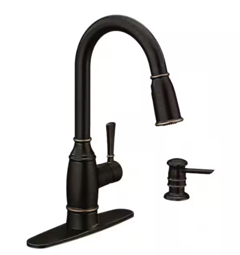 Moen Noell Single-Handle Pull-Down Sprayer Kitchen Faucet with Reflex, Soap Dispenser and Power Clean in Mediterranean Bronze - Lot 1045JF