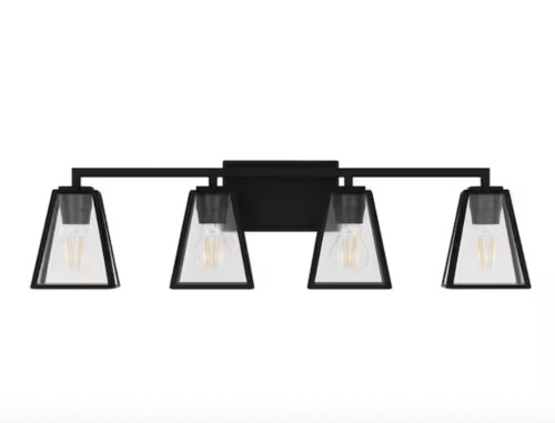 Home Decorators Collection Mackenzie Place 30 in. 4-Light Matte Black Modern Bathroom Vanity Light with Clear Glass Shades - Lot 1027JF