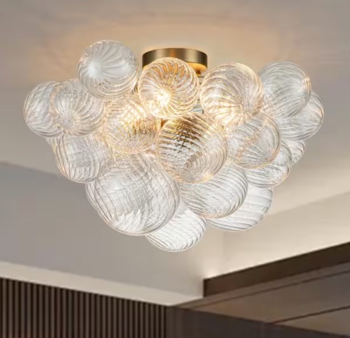 One Broken Glass Bulb - Huoku Neuvy 19 in. W 3-Light Brass Cluster Semi-Flush Mount Chandelier with Grape Swirled Glass Shades Foyer Close to Ceiling - Lot 1036JF