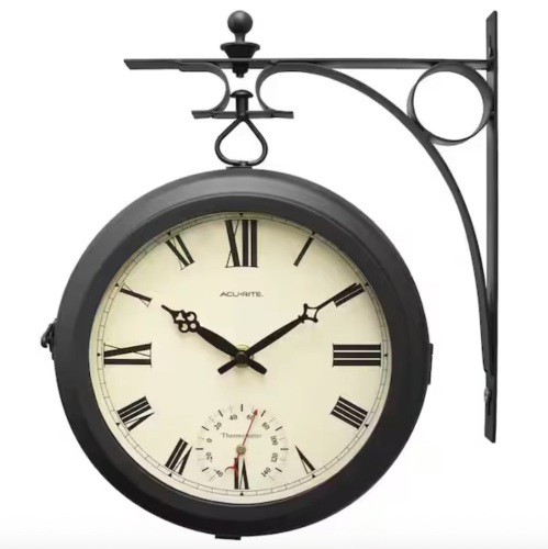 AcuRite 9-in. Indoor/Outdoor Double-Sided Hanging Clock with 360° Spin Functionality, Iron Metal Frame and Thermometer - Lot 1084JF