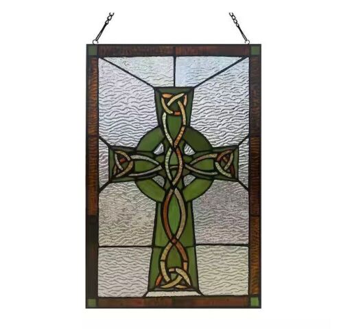 River of Goods Celtic Cross Stained Glass Window Panel 18" x 12"  - Lot 1099JF