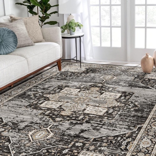 RUUGME Washable 5x7 Area Rugs - Large Rugs for Living Room Stain Resistant Carpet Vintage Rugs for Bedroom with Non Slip Backing Home Decor Floor Decoration Mat (5x7 Black) - Lot 2069