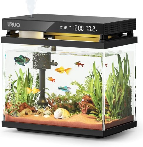 Fish Tank Smart Aquarium Kit: URUQ 2Gal UHD Glass Silent Pump Self Cleaning Multi-Layer Filtration System - Lot 2204