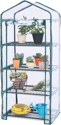 Worth Garden 4 Tier Mini Greenhouse - 63'' H x 27'' L x 19'' W - Sturdy Portable Gardening Shelves with PVC Cover - Small Green House Use in Indoor & Outdoor for Plants Flowers - Lot 2263