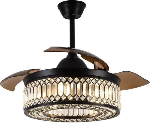 42 Inch Retractable Ceiling Fans with Lights and Remote, Modern Industrial Black Fandelier with 3 Retractable ABS Blades, Invisible Crystal Chandelier Fan for Bedroom Living Room Dining Room (Crystal) - Lot 2265