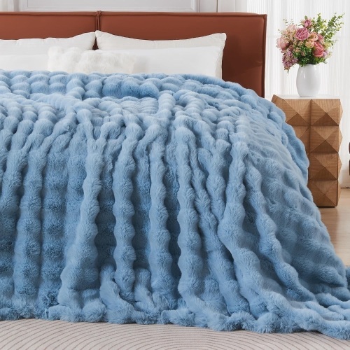 Lotus Karen Faux Fur Throw Blanket Sky Blue - Big Bubble Rabbit Fluff Blanket for Couch Bed Sofa,Softest Fluffy Fuzzy Cozy Blanket,Thick Furry Plush Shaggy Warm Blankets for Women,90x90 Inches - Lot 2273