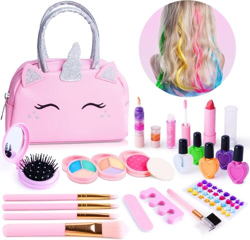 Real Kids Makeup Kit for Girls: with Pink Unicorn Purse - Non Toxic, Washable Play Make up for Kids Set - Lot 2303