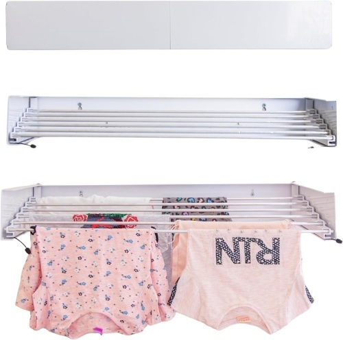 Wall Mounted Clothes Drying Rack, Aluminum, 6 Rods, White, 31.5 inches, Clothing, Wall Mount, Foldable Design - Lot 2339