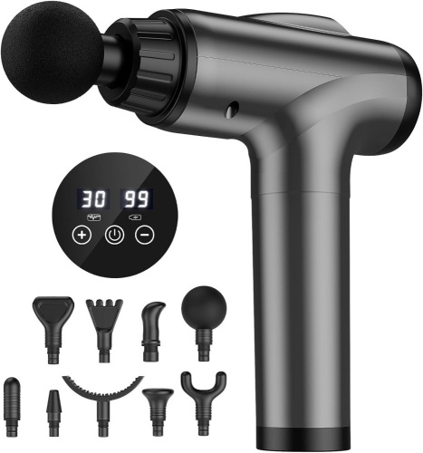 JQX Massage Gun Deep Tissue, Handheld Electric Body Muscle Massage Gun, High Percussion Vibration Back Neck Massager for Athletes with 30 Speed Levels & 9 Heads, Gifts for Men and Women (Grey) - Lot 2353