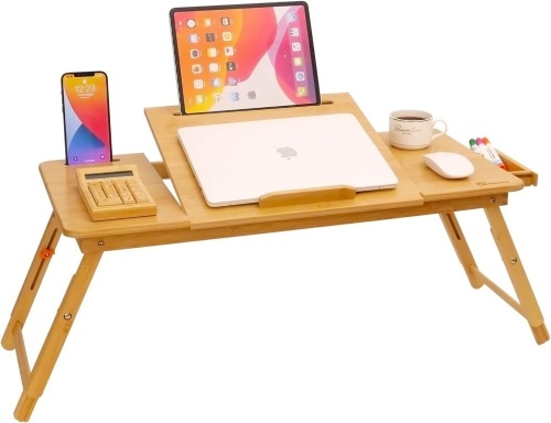 Laptop Desk for Bed, COIWAI Laptop Bed Tray, Bamboo Lap Desk with Tablet Slot, Adjustable Height Angle, Foldable Tray for Sofa Couch Floor, with Storage Drawer - Large - Lot 2361