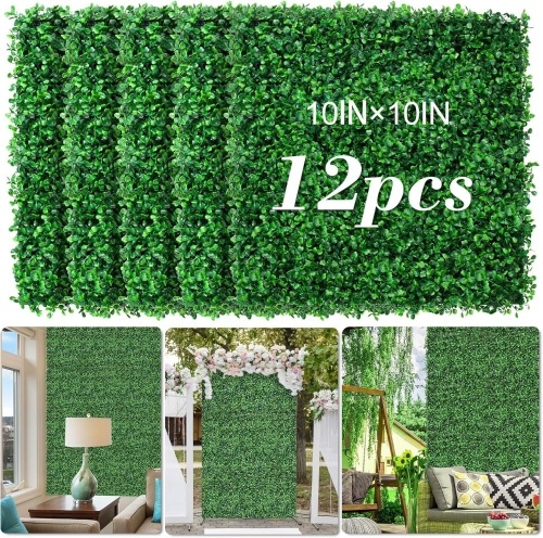 AOKIE 10"X10" Artificial Grass Wall, 12Pcs Boxwood Hedge Wall Panels UV-Anti Grass Backdrop Wall Decor, Greenery Privacy Hedge Screen for Indoor Outdoor Patio Balcony, Party Garden Fence Decor - Lot 2367