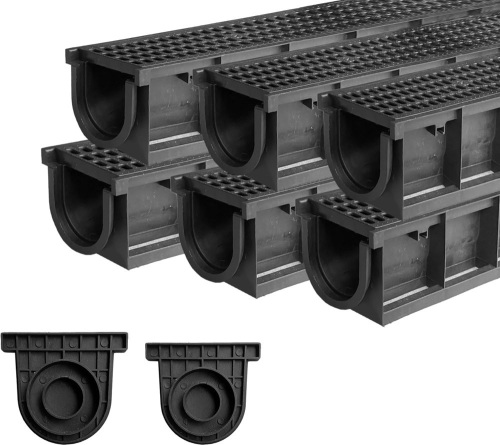 Deep Profile HDPE Trench Drain-39.4Lx6.1Wx5.5H in. Channel Drain with Grates,6 Pack Total Length 236.22 in, Plastic Trench Drain System for Outdoor,Downspout,Yard Fence,Pool,Sidewalk,Patio - Lot 2370