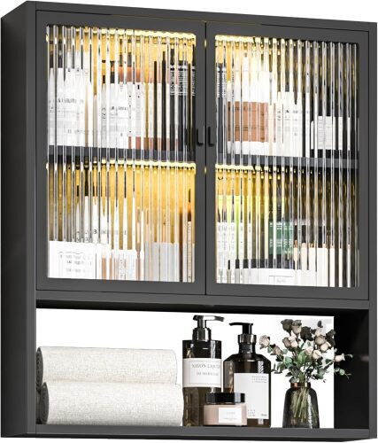 Bathroom Wall Cabinet,Metal Medicine Cabinet with Glass Doors,Wall Mounted Cabinet Over The Toilet,Black Small Cupboard - Lot 2377