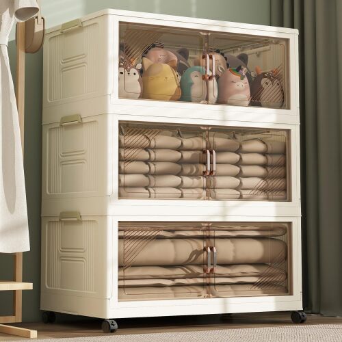 3Packs Stackable Storage Bins with Lid, 36 Gal Closet Organizer and Storaging Drawer, Collapsible Storage Box with Wheels - Lot 2392