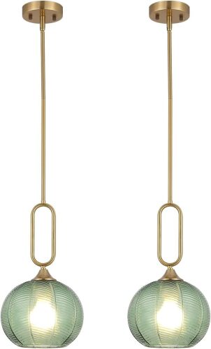 Green Glass Pendant Light Set of 2 Modern Globe Pendant Lighting Nordic Ribbed Gold Ceiling Hanging Chandelier - Lot 2431