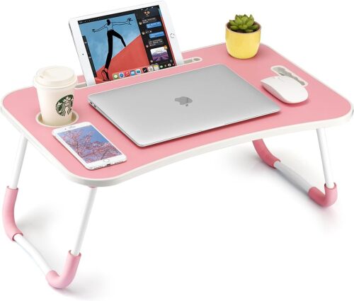 Foldable Laptop Table, Portable Lap Desk Bed Table Tray, Laptop Stand with Cup Holder & Tablet Slot & Lifting Handle for Working Writing Drawing & Eating - Lot 2443
