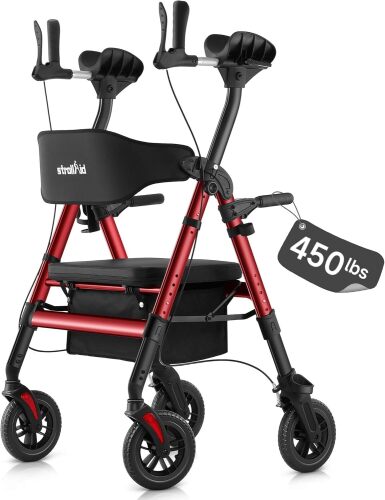 Upright Walkers for Seniors, Stand Up Rollator Walker with Padded Seat and Backrest, Heavy Duty Forearm Rollator with Support Handrail, Holds up to 450 pounds, Compact Folding - Lot 2447