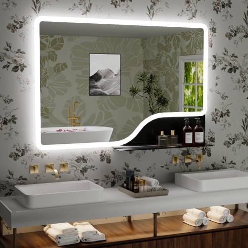 32"x 48" LED Bathroom Mirror with Shelf, 3 Colors Backlit Vanity Mirror with Lights, Wall-Mounted Large Bathroom Mirror with Lights, Smart Mirror with Anti-Fog, Stepless Dimmable, Memory (UL, ETL) - Lot 2484