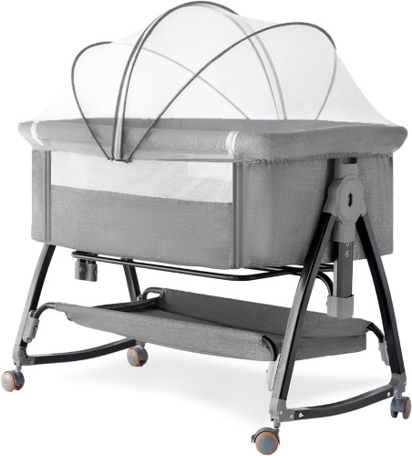 Bedside Crib, 3 in 1 Bassinet with Quick Height Adjustment and Mosquito Nets Rocking Bassinet for Baby, Bedside Bassinet with Wheels, Easy to Fold, Golden Triangle Structure（Grey） - Lot 2497