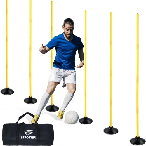 SEAOTTER Soccer Agility Poles Set, 4/6/10 Pcs 6ft Detachable Sports Trainning Speed Poles Slalom Poles with Rubber Base, Agility Training Equipment for Football, Rugby, Basketball, Indoor & Outdoor - Lot 2498