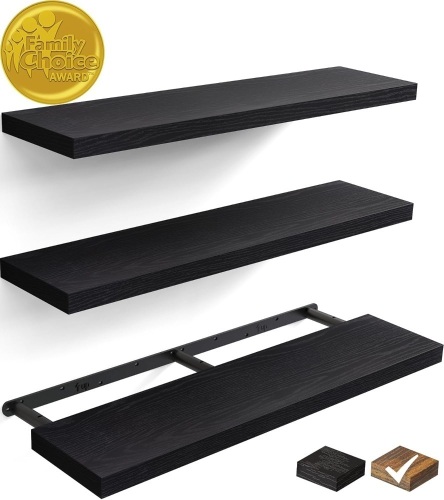 BAYKA Floating Shelves for Wall, 36 inches Wall Mounted Rustic Wood Shelves for Bathroom, Bedroom, Living Room, for Books/Storage/Decor with 22lbs Capacity（Black,Set of 3 - Lot 2502