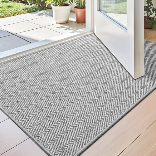 LUMI Ultra Thin Indoor Door Mat for Entrance 17"x30", Non Slip Entryway Mat, Low Profile Doormat, Unique Herringbone Design Carpet for Inside, Patio, Porch, Gray - Lot 2521