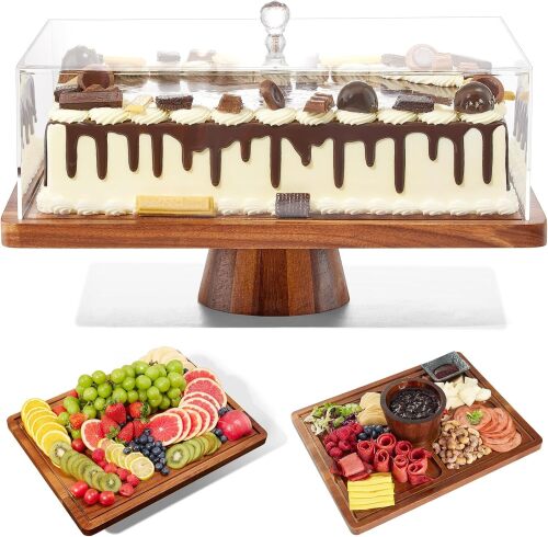 Cake Stand with Lid-Acacia Wood Cake Stand,2-in-1 Shatterproof Serving Platter - Lot 2594
