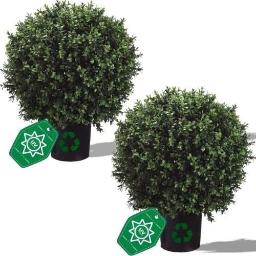 Real Touch Leaves Artificial Topiary Trees, 24" T with 17" W Faux Boxwood, Set of 2 UV Resistant Plants, Decorative Indoor Outdoor Trees with 6"x5" Pots for Home, Office, and Garden Decor - Lot 2601