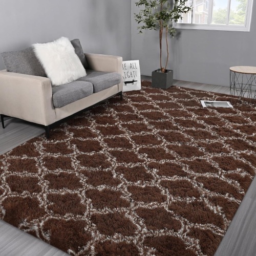 Hutha 6x9 Shag Large Area Rugs for Living Room, Brown and Beige Modern Super Soft Bedroom Carpet, Moroccan Luxury Geometric Plush Fluffy Rug for Kids Nursery Girls Room Indoor Home Decor - Lot 2602