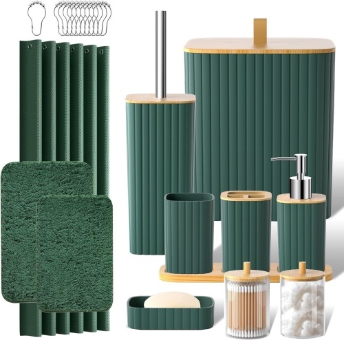 Bathroom Accessories Set - 24PCS Bathroom Set with Shower Curtain and Rugs, Trash Can, Toilet Brush Holder Set & Soap Dispenser – Stylish & Functional Bath Decor for Home, Apartment, Green Brand: Z ZONAMA - Lot 2603