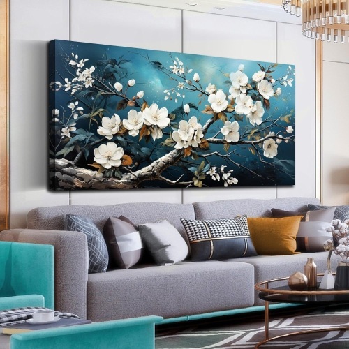 THRLVEART Flower Canvas Wall Art Bedroom - Teal and White Wall Art for Living Room Large Size 29" x 59" Ready to Hang Visit the THRLVEART Store - Lot 2607