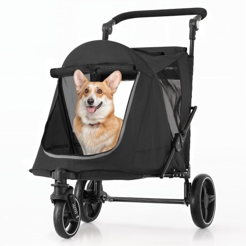 MoNiBloom Pet Stroller for Large Dogs or Multiple Dogs Cats with Adjustable Handle, 3-Wheels Dual Entry Portable Dog Carting Easy Folding Pet Wagon Double Dog Stroller up to 55 lbs, Black - Lot 2610