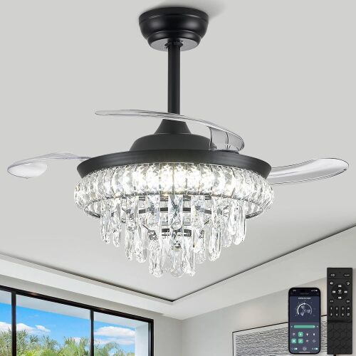 36'' Dimmable Fandelier Crystal Chandelier Ceiling Fan Retractable Ceiling Fan with Lights and Remote 6 Speed, 3 Light Change Fan Chandelier for Bedroom - Lot 2546