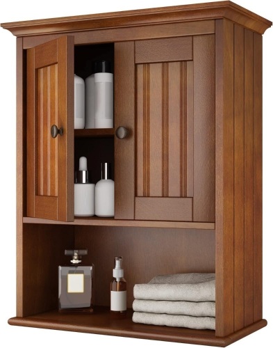 Treocho Wood Wall Cabinet, Bathroom Medicine Cabinet Storage with Doors and Adjustable Shelf, Rustic Cabinet Wall Mounted for Bathroom, Livingroom, Kitchen, Cupboard, Reddish Brown - Lot 2623