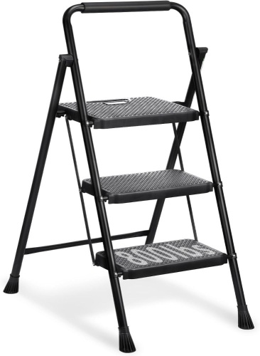 3 Step Ladder, Miscoos Folding Step Stool for Adults with Wide Anti-Slip Pedal, Sturdy Steel Ladder, Lightweight, Convenient Handgrip, Portable Kitchen& Household Small Step Ladder, Black - Lot 2633