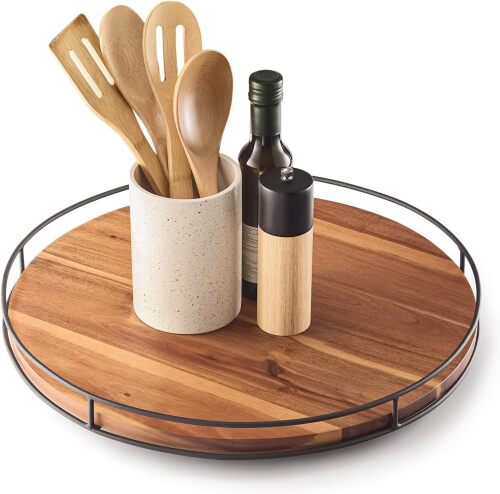 8" Acacia Wood Lazy Susan Turntable with Metal Frame - Lot 2702