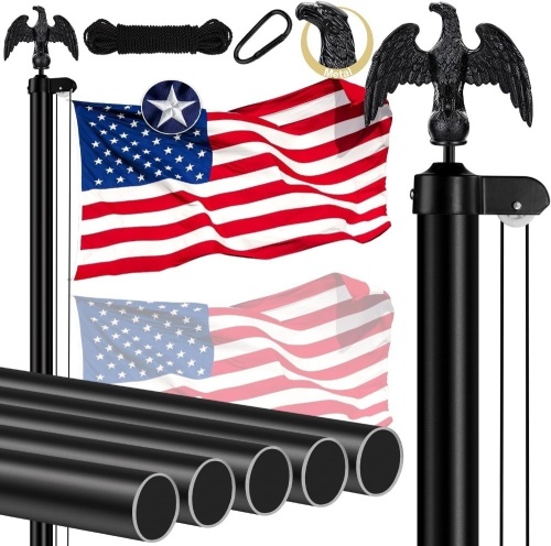 Heavy Duty Flag Pole Kit for Outside, 20 FT 12 Gauge Aluminum Flagpole for Outdoor House in Ground, with Spun Polyester 3x5 ft American Flag, Metal Eagle Topper, Residential or Commercial (Black) - Lot 2639