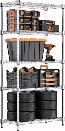 1250 lbs Steel Heavy Duty 5-Tier Utility Shelving Unit Steel Organizer Wire Rack for Home,Kitchen,Office,Chrome - Lot 2705