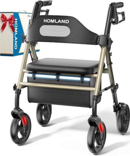 Foldable Rollator Walkers with Seat for Seniors, 8'' Big Wheels, 350 lb. Weight Capacity, Adjustable Handles and Seat Height, Lightweight Rolling Walker, Gold - Lot 2672