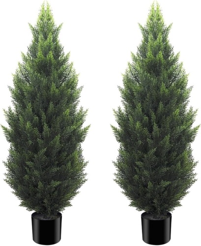 4FT Artificial Cedar Topiary Tree Lifelike Faux Cedar Pines Christmas Trees UV Rated Faux Shrubs Everygreen Plants for Front Porch Outdoor Decor Set of 2 - Lot 2798