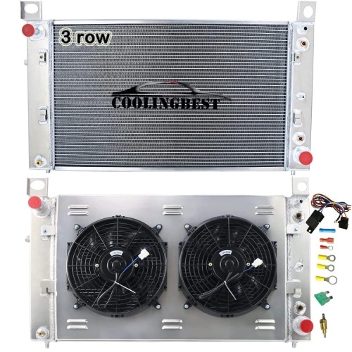 3 Row Aluminum Radiator for 1999-2013 Chevy GMC Silverado 1500 2500 Tahoe 4.8/5.3L V8, Crossflow Radiators Electric Fan Shroud Thermostat Kit Combo - Lot 2803