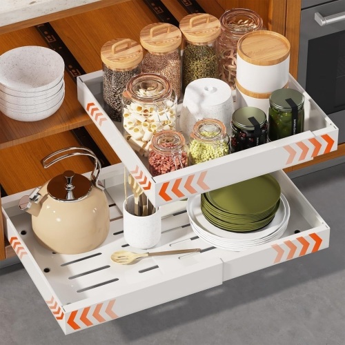 2 Pack Expandable Pull Out Cabinet Organizer 21" Deep, Adjustable Width 12.6"-20.5", No Drill Adhesive with Triple Track Rails, Heavy Duty Slide Out Drawers for Kitchen, Pantry, Cabinets,White - Lot 2817