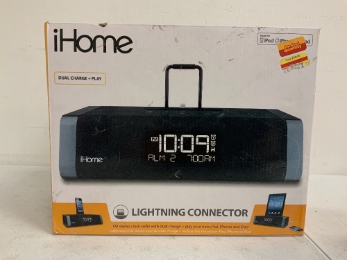 iHome FM Stereo Clock Radio w/ Dual Charge + Play iPad, iPhone and iPod, Powers Up, Appears New, Sold as is - Lot 83