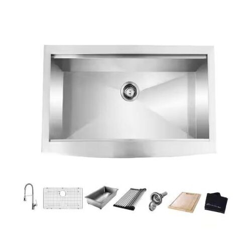 Glacier Bay Zero Radius 33 in. Apron-Front Single Bowl 18 Gauge Stainless Steel Workstation Kitchen Sink with Spring Neck Faucet - Lot 58JF