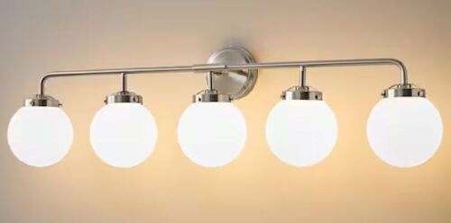 38.98 in. 5-Light Nickel Bathroom Vanity Light with Opal Glass Shades - Lot 150JF