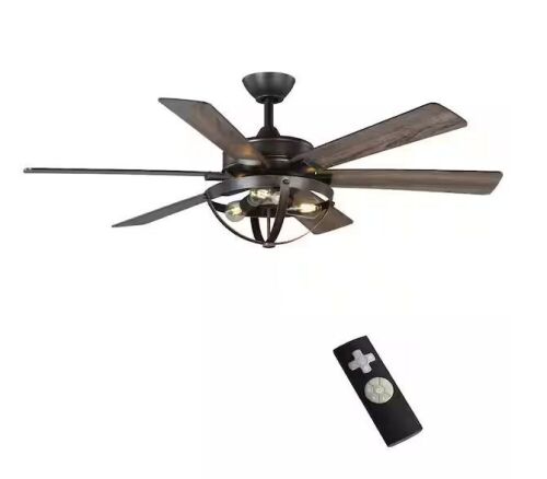 Home Decorators Collection Woodbank 52 in. LED Indoor Aged Iron Ceiling Fan with Light Kit and Remote Control and Reversible Blades - Lot 164JF