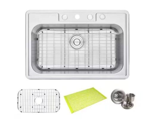 Topmount Drop In Stainless Steel 33 in. x 22 in. x 9 in. Deep 4 Faucet Holes Single Bowl Kitchen Sink with Accessories - Lot 171JF
