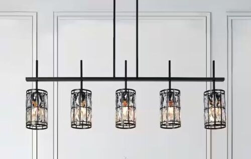 Modern 45.3 in. 5-Light Flat Black Linear Chandelier with Glam Crystal Glass Drum Shades - Lot 220JF